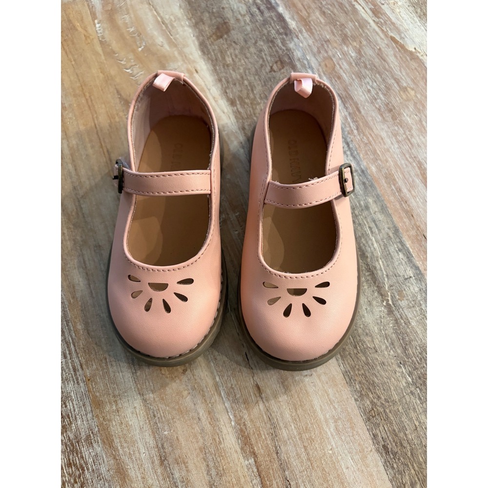 Old Navy Toddler Girls Pink Bamboo Mary Jane Shoes Laser Cut Floral Size 8